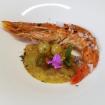 Langostinos perfumado con jengibre,uva moscatel,sabayon de patata,menta,piperrada de verduritas y lavanda