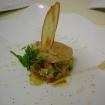 Foie de pato,verduritas escabechadas,crujiente de coco y jengibre