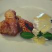 Lobo de mar, muselina de escalonias,patata violeta,con cigalas escabechadas al momento