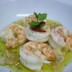 Langostinos al pil-pil,menta y crujiente de ajo morado