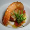 Langostinos a la gabardina,tomate con case y limonchelo