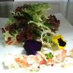 Ensalada de bogavante,su coral deshidratado, aceite perfumado con frutos secos y pimienta rosa