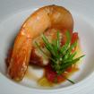 Langostino en tempura y gelee de tomate